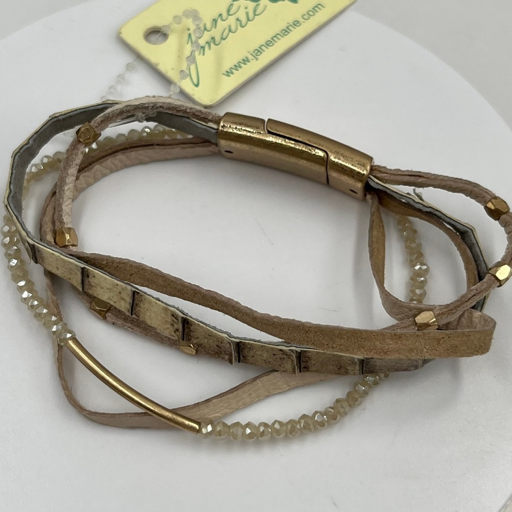 Jane Marie Layered Wrap‎ Bracelet Neutral Leather Beaded Gold JM6278 Snake Print